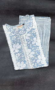 White/Light Ash Grey Floral Kurti With Pant Set.Pure Versatile Cotton. | Laces and Frills - Laces and Frills
