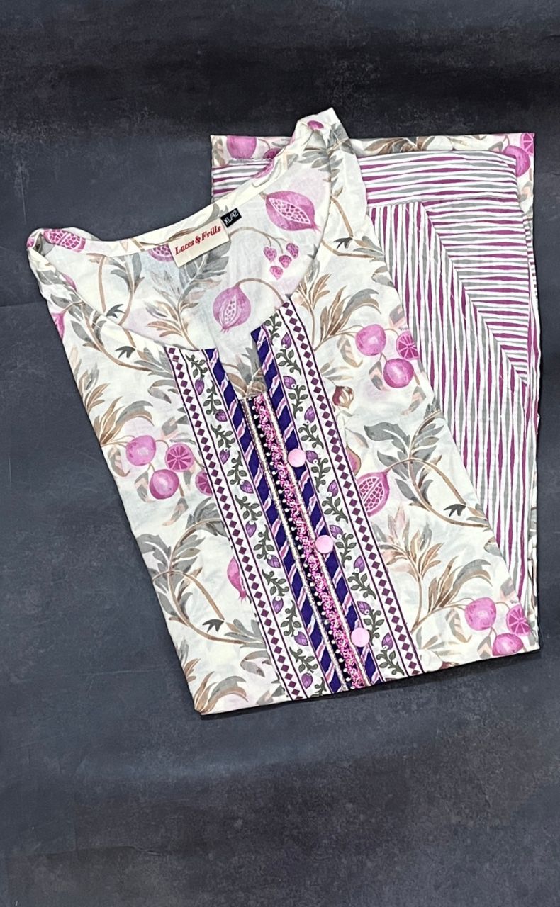 Off White/Lavender Pink Floral Kurti With Pant Set.Pure Versatile Cotton. | Laces and Frills - Laces and Frills