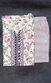 Off White/Lavender Pink Floral Kurti With Pant Set.Pure Versatile Cotton. | Laces and Frills - Laces and Frills