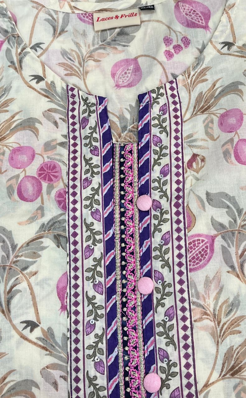 Off White/Lavender Pink Floral Kurti With Pant Set.Pure Versatile Cotton. | Laces and Frills - Laces and Frills