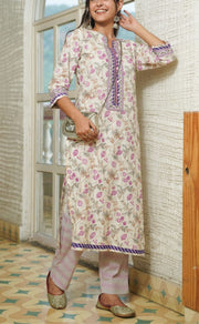 Off White/Lavender Pink Floral Kurti With Pant Set.Pure Versatile Cotton. | Laces and Frills - Laces and Frills