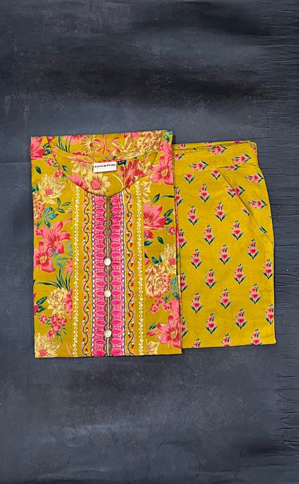 Yellow/Pink Floral Kurti With Pant Set.Pure Versatile Cotton. | Laces and Frills - Laces and Frills