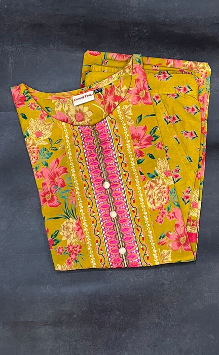 Yellow/Pink Floral Kurti With Pant Set.Pure Versatile Cotton. | Laces and Frills - Laces and Frills