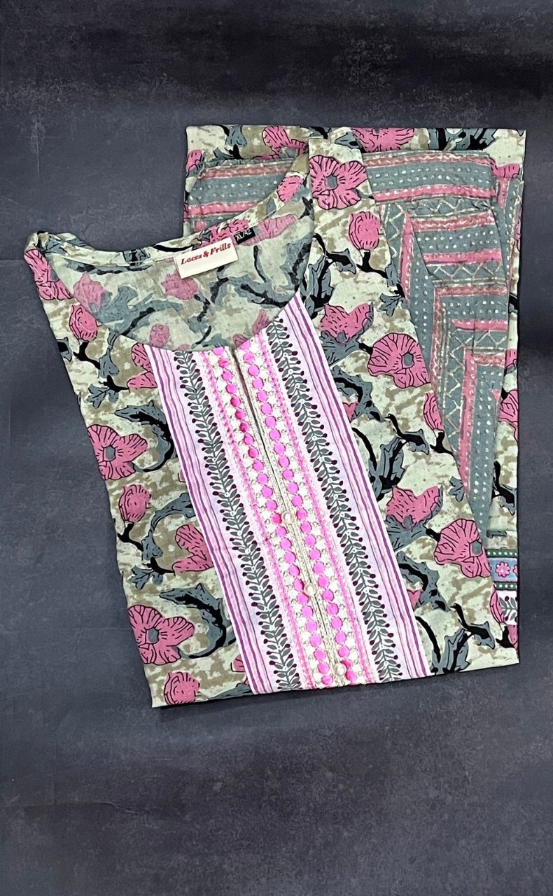 Pista Green/Pink Floral Kurti With Pant Set.Pure Versatile Cotton. | Laces and Frills - Laces and Frills