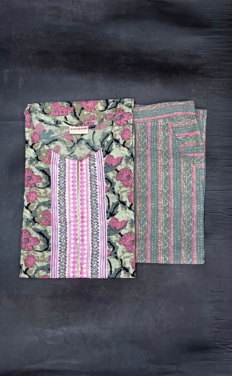 Pista Green/Pink Floral Kurti With Pant Set.Pure Versatile Cotton. | Laces and Frills - Laces and Frills