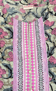 Pista Green/Pink Floral Kurti With Pant Set.Pure Versatile Cotton. | Laces and Frills - Laces and Frills