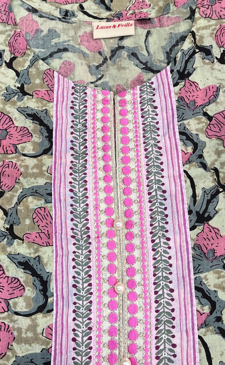 Pista Green/Pink Floral Kurti With Pant Set.Pure Versatile Cotton. | Laces and Frills - Laces and Frills