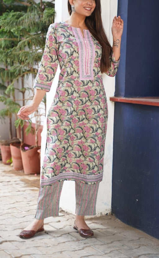 Pista Green/Pink Floral Kurti With Pant Set.Pure Versatile Cotton. | Laces and Frills - Laces and Frills