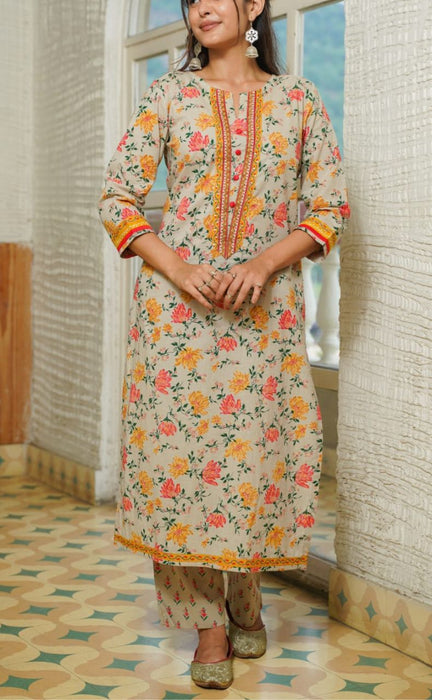 Grey/Peach Pink Floral Kurti With Pant Set.Pure Versatile Cotton. | Laces and Frills - Laces and Frills