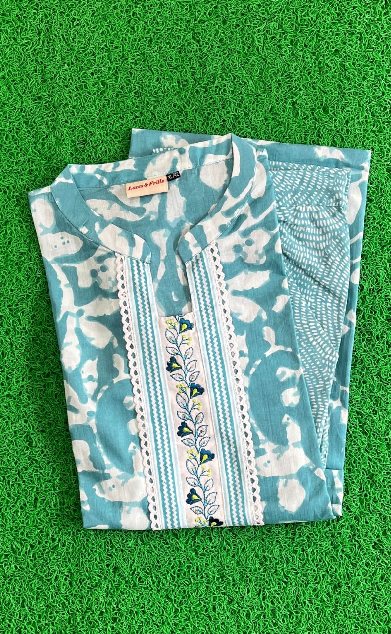 Sea Green Floral Jaipur Cotton Kurti With Pant .Pure Versatile Cotton. | Laces and Frills - Laces and Frills