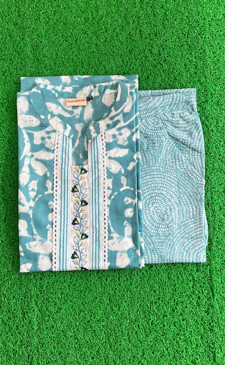 Sea Green Floral Jaipur Cotton Kurti With Pant .Pure Versatile Cotton. | Laces and Frills - Laces and Frills