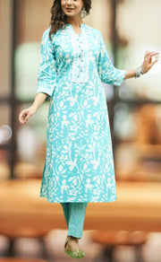 Sea Green Floral Jaipur Cotton Kurti With Pant .Pure Versatile Cotton. | Laces and Frills - Laces and Frills