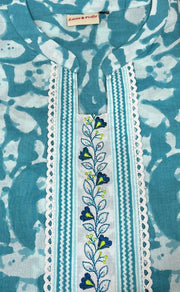 Sea Green Floral Jaipur Cotton Kurti With Pant .Pure Versatile Cotton. | Laces and Frills - Laces and Frills