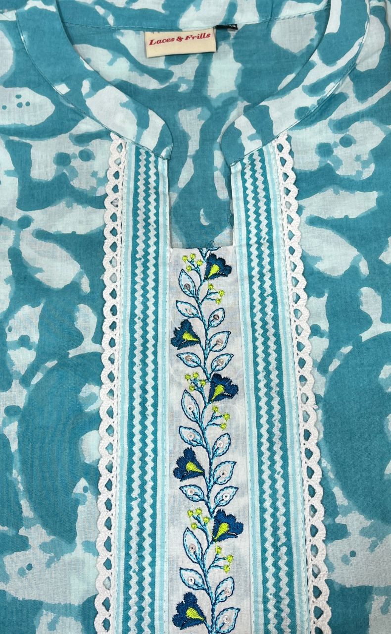 Sea Green Floral Jaipur Cotton Kurti With Pant .Pure Versatile Cotton. | Laces and Frills - Laces and Frills