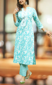 Sea Green Floral Jaipur Cotton Kurti With Pant .Pure Versatile Cotton. | Laces and Frills - Laces and Frills
