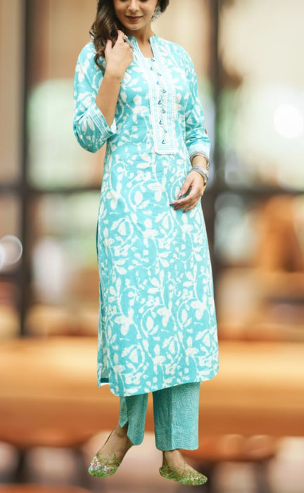Sea Green Floral Jaipur Cotton Kurti With Pant .Pure Versatile Cotton. | Laces and Frills - Laces and Frills