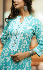 Sea Green Floral Jaipur Cotton Kurti With Pant .Pure Versatile Cotton. | Laces and Frills - Laces and Frills