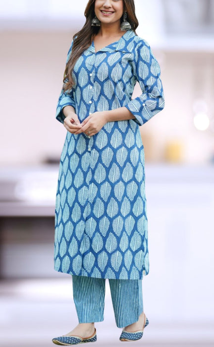 Blue Leafy Jaipur Cotton Kurti With Pant .Pure Versatile Cotton. | Laces and Frills - Laces and Frills