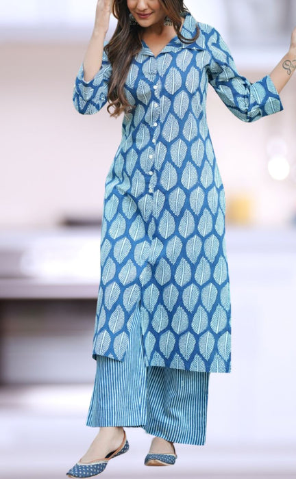 Blue Leafy Jaipur Cotton Kurti With Pant .Pure Versatile Cotton. | Laces and Frills - Laces and Frills