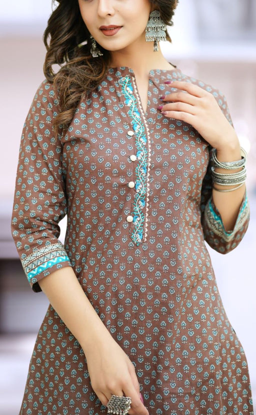 Brown Tiny Floral Jaipur Cotton Kurti With Pant .Pure Versatile Cotton. | Laces and Frills - Laces and Frills