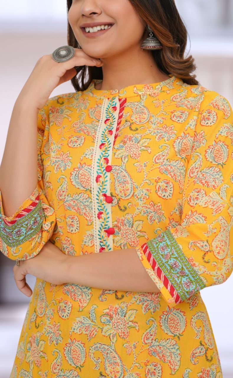 Yellow Floral Jaipur Cotton Kurti With Pant .Pure Versatile Cotton. | Laces and Frills - Laces and Frills