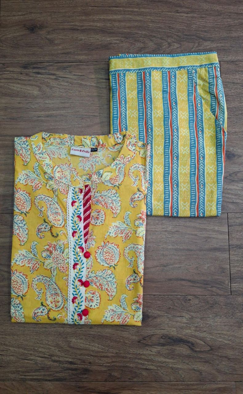 Yellow Floral Jaipur Cotton Kurti With Pant .Pure Versatile Cotton. | Laces and Frills - Laces and Frills