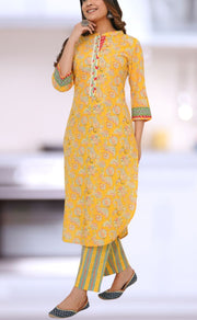 Yellow Floral Jaipur Cotton Kurti With Pant .Pure Versatile Cotton. | Laces and Frills - Laces and Frills