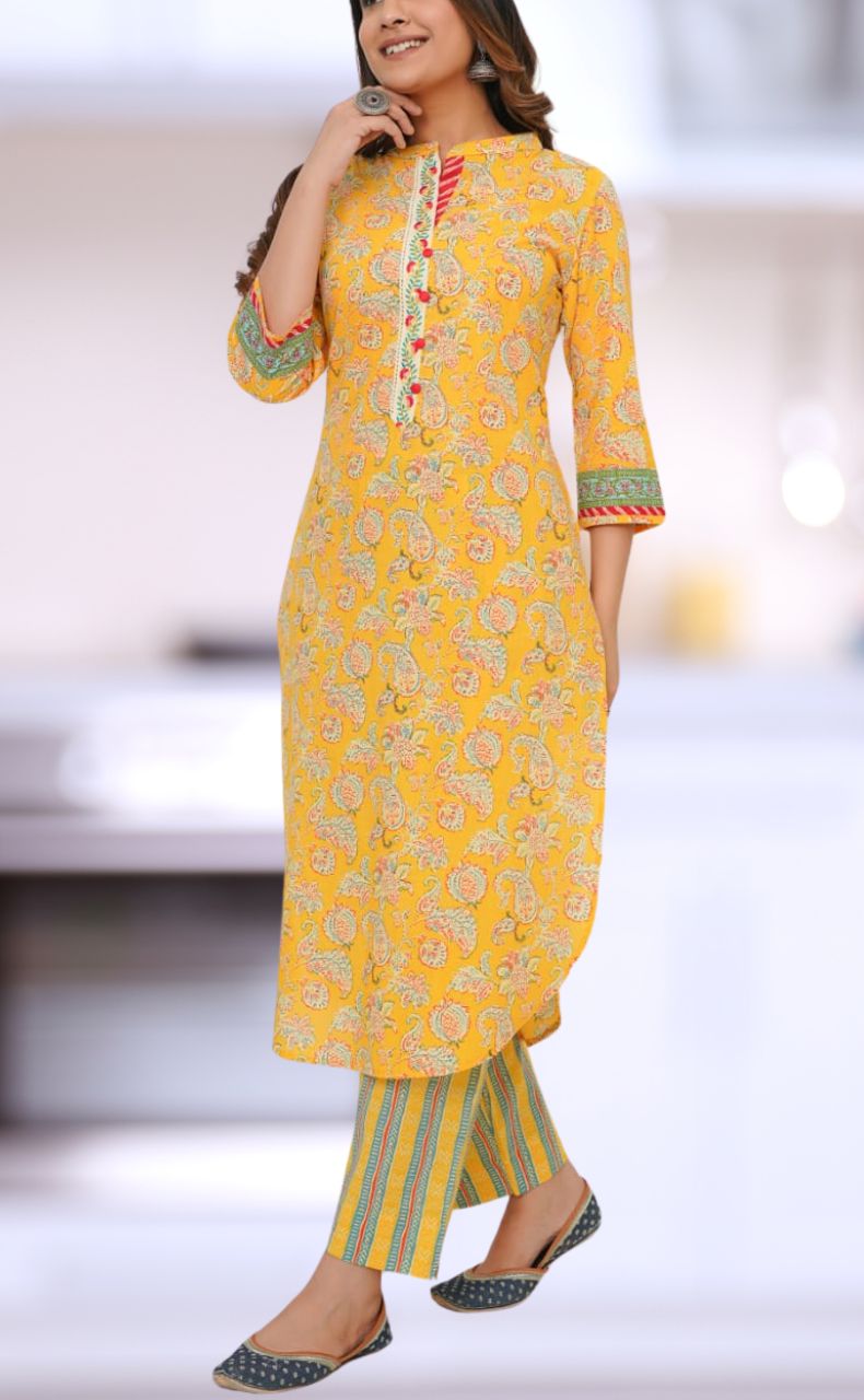 Yellow Floral Jaipur Cotton Kurti With Pant .Pure Versatile Cotton. | Laces and Frills - Laces and Frills