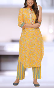 Yellow Floral Jaipur Cotton Kurti With Pant .Pure Versatile Cotton. | Laces and Frills - Laces and Frills