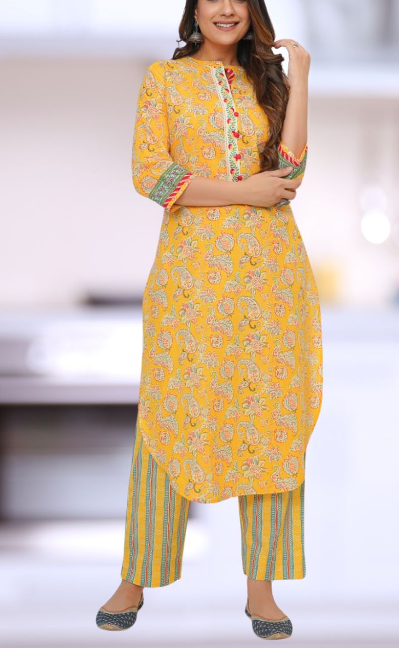 Yellow Floral Jaipur Cotton Kurti With Pant .Pure Versatile Cotton. | Laces and Frills - Laces and Frills