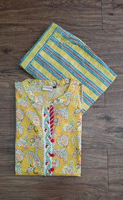 Yellow Floral Jaipur Cotton Kurti With Pant .Pure Versatile Cotton. | Laces and Frills - Laces and Frills