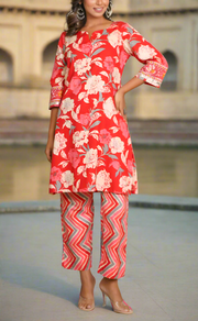 Red Floral Jaipur Cotton Co-ord Set.Pure Versatile Cotton. | Laces and Frills - Laces and Frills