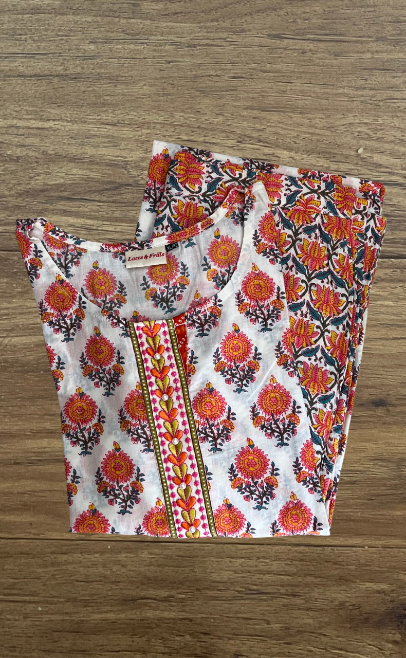 Off White/Orange Floral Cotton Co-Ord Set. Pure Versatile Cotton. | Laces and Frills
