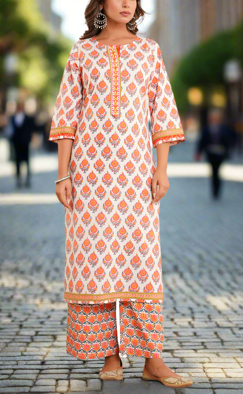 Off White/Orange Floral Cotton Kurti With Palazzo set . Pure Versatile Cotton. | Laces and Frills - Laces and Frills