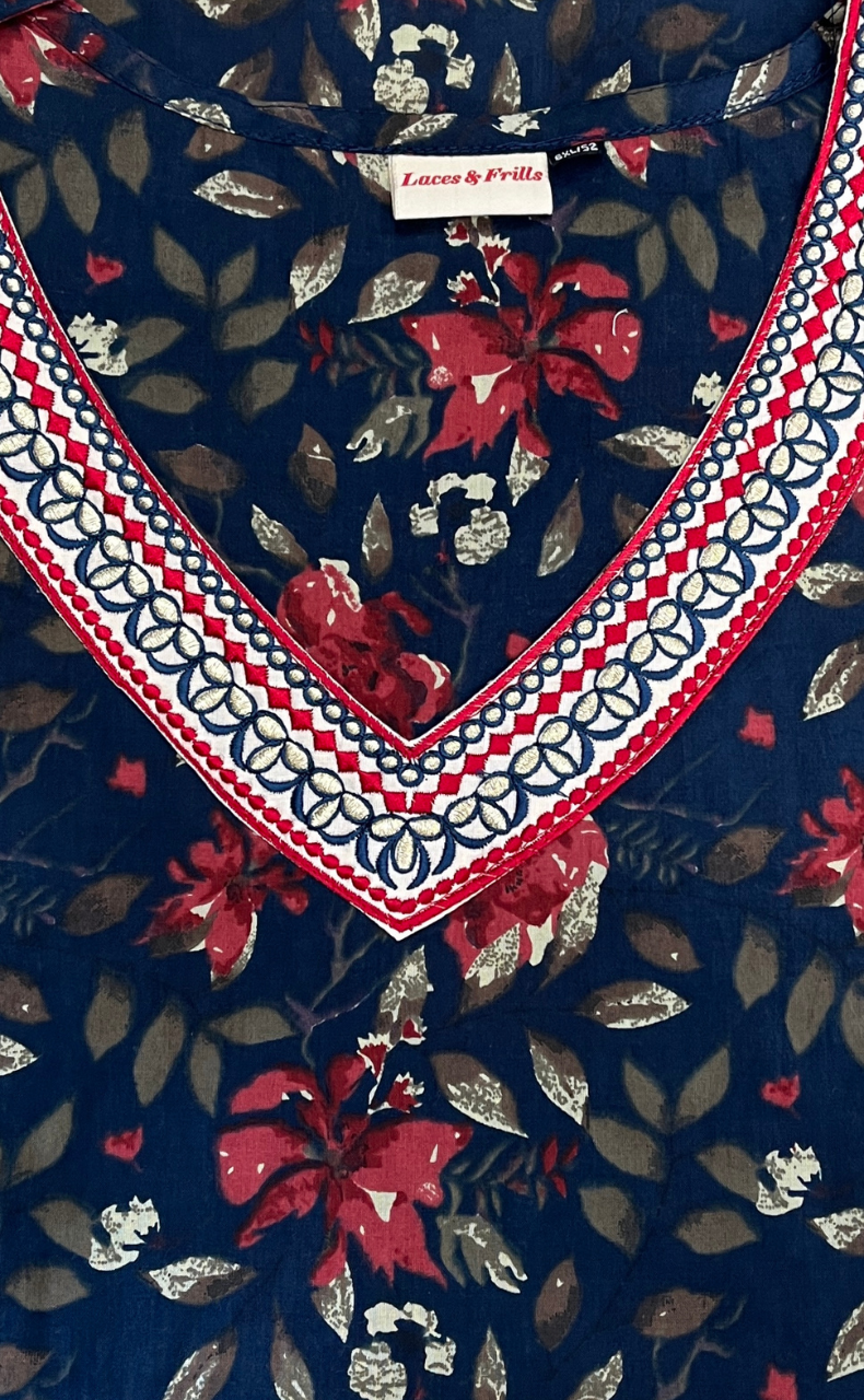 Navy Blue Garden Cotton Kurti With Palazzo set . Pure Versatile Cotton. | Laces and Frills