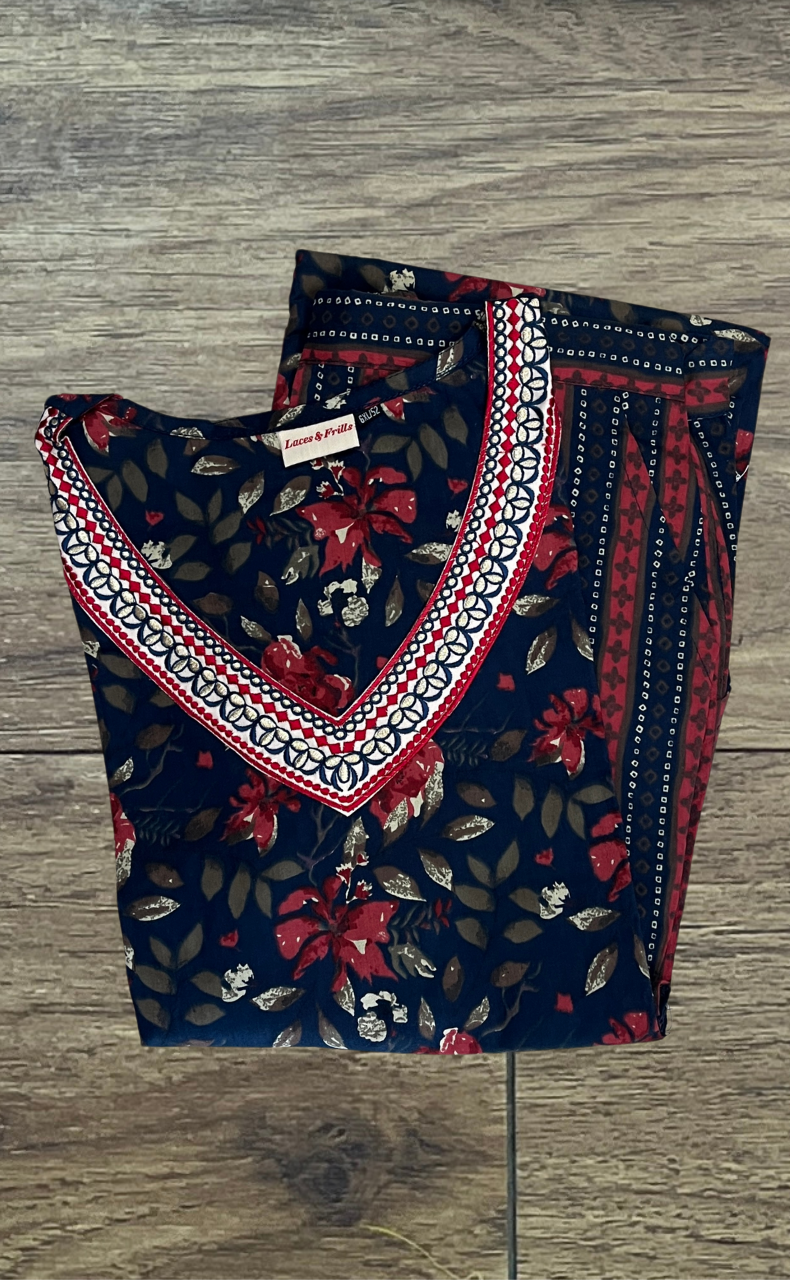 Navy Blue Garden Cotton Kurti With Palazzo set . Pure Versatile Cotton. | Laces and Frills