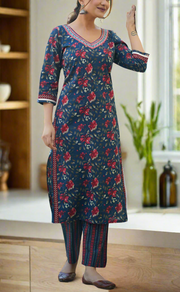 Navy Blue Garden Cotton Kurti With Palazzo set . Pure Versatile Cotton. | Laces and Frills