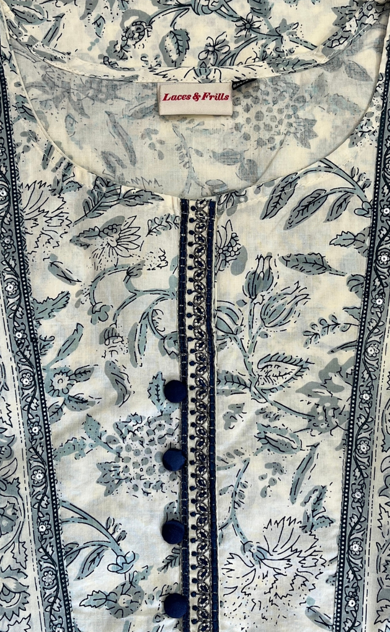 Off White/Grey Floral Cotton Kurti With Palazzo set . Pure Versatile Cotton. | Laces and Frills
