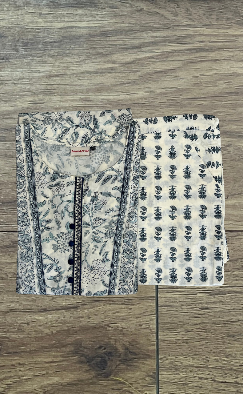 Off White/Grey Floral Cotton Kurti With Palazzo set . Pure Versatile Cotton. | Laces and Frills
