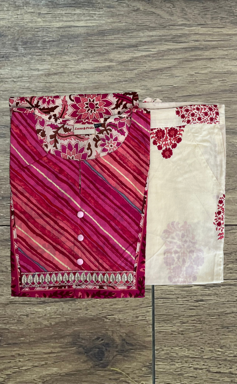 Pink Floral Cotton Kurti With Palazzo set . Pure Versatile Cotton. | Laces and Frills