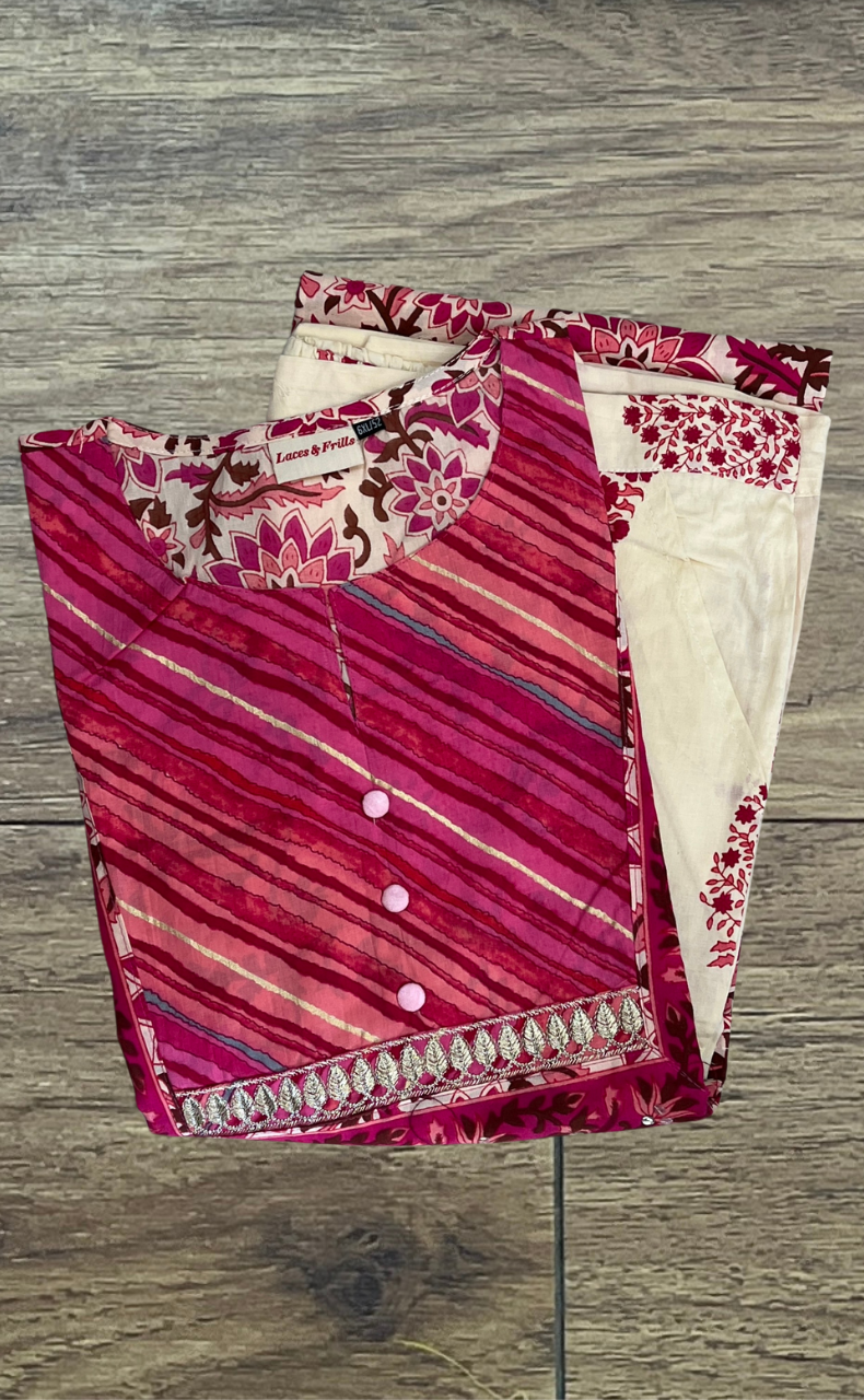 Pink Floral Cotton Kurti With Palazzo set . Pure Versatile Cotton. | Laces and Frills