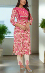 Pink Floral Cotton Kurti With Palazzo set . Pure Versatile Cotton. | Laces and Frills