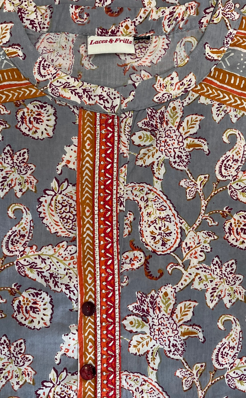 Grey/Orange Garden Cotton Kurti With Palazzo set . Pure Versatile Cotton. | Laces and Frills