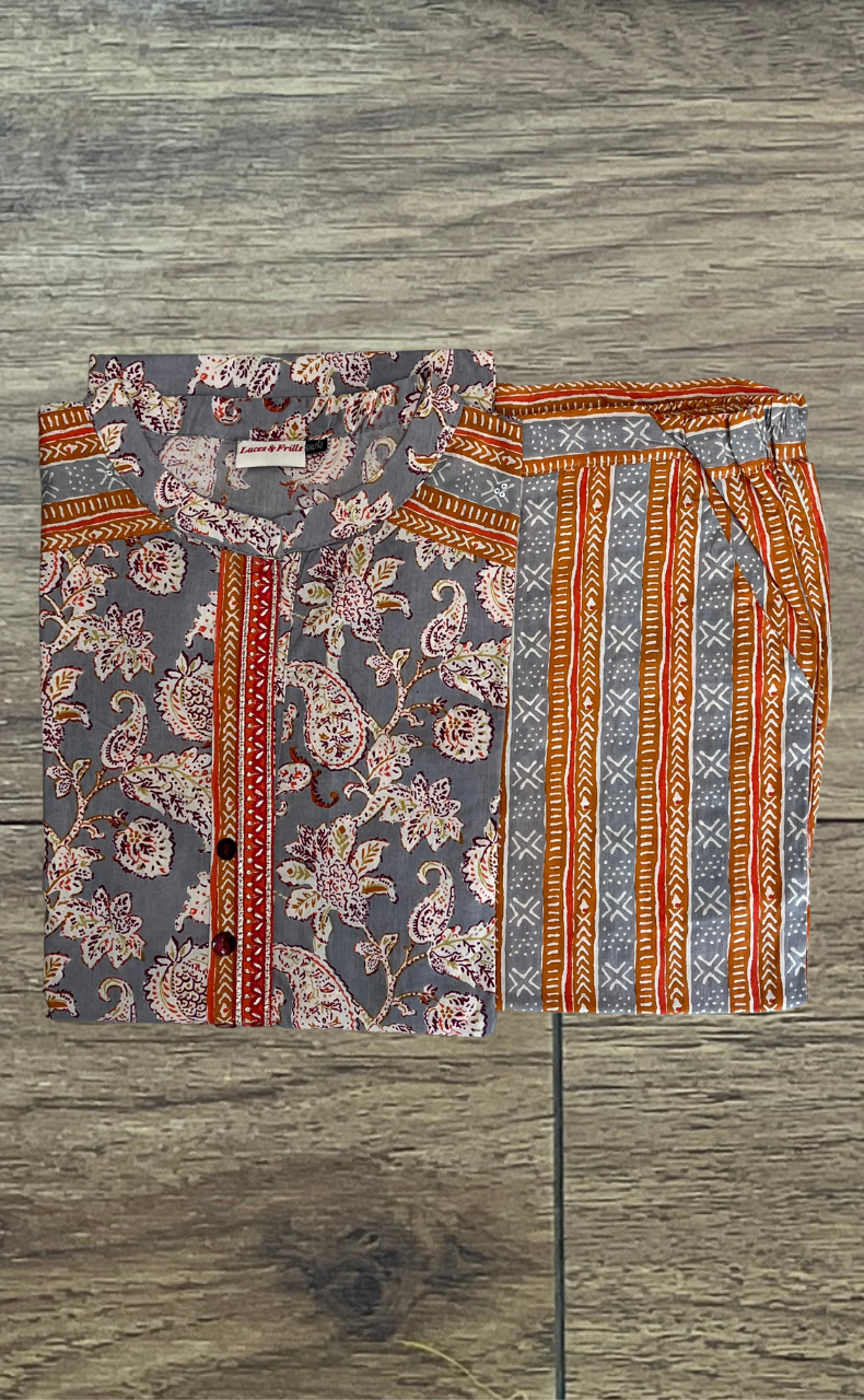 Grey/Orange Garden Cotton Kurti With Palazzo set . Pure Versatile Cotton. | Laces and Frills