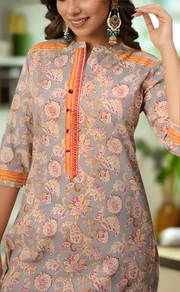 Grey/Orange Garden Cotton Kurti With Palazzo set . Pure Versatile Cotton. | Laces and Frills