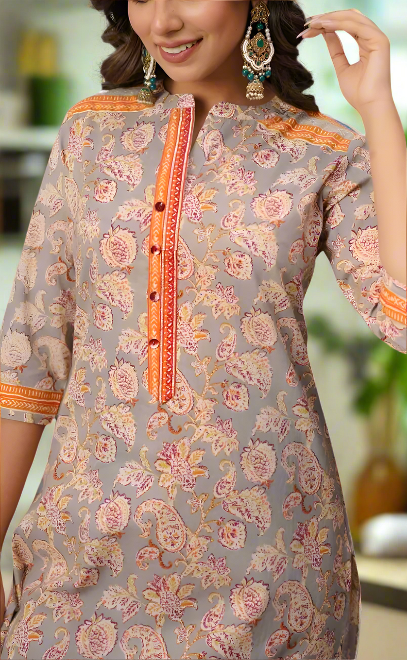 Grey/Orange Garden Cotton Kurti With Palazzo set . Pure Versatile Cotton. | Laces and Frills