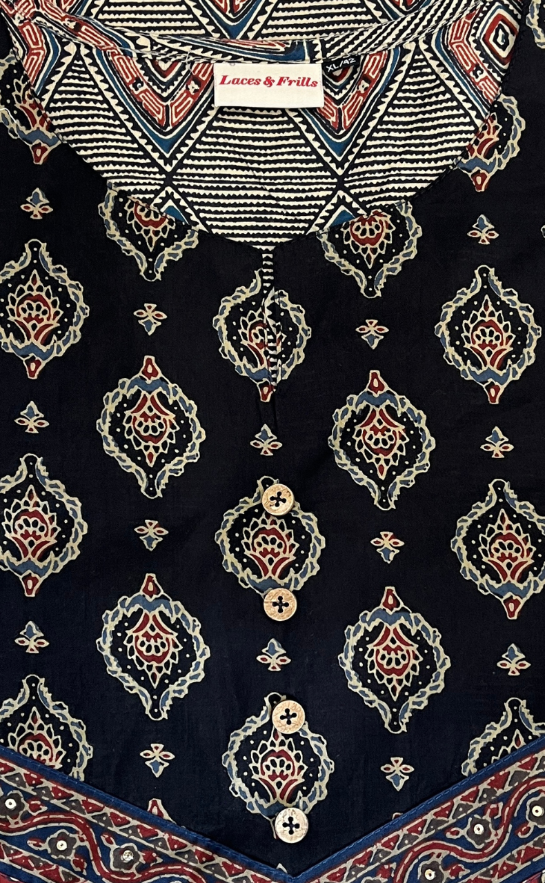 Black Ajrakh Print Cotton Kurti With Palazzo set . Pure Versatile Cotton. | Laces and Frills