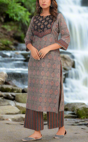 Black Ajrakh Print Cotton Kurti With Palazzo set . Pure Versatile Cotton. | Laces and Frills