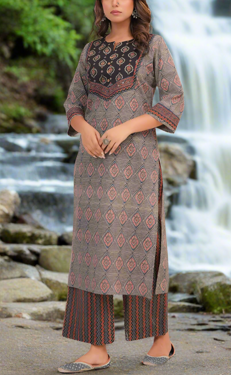 Black Ajrakh Print Cotton Kurti With Palazzo set . Pure Versatile Cotton. | Laces and Frills