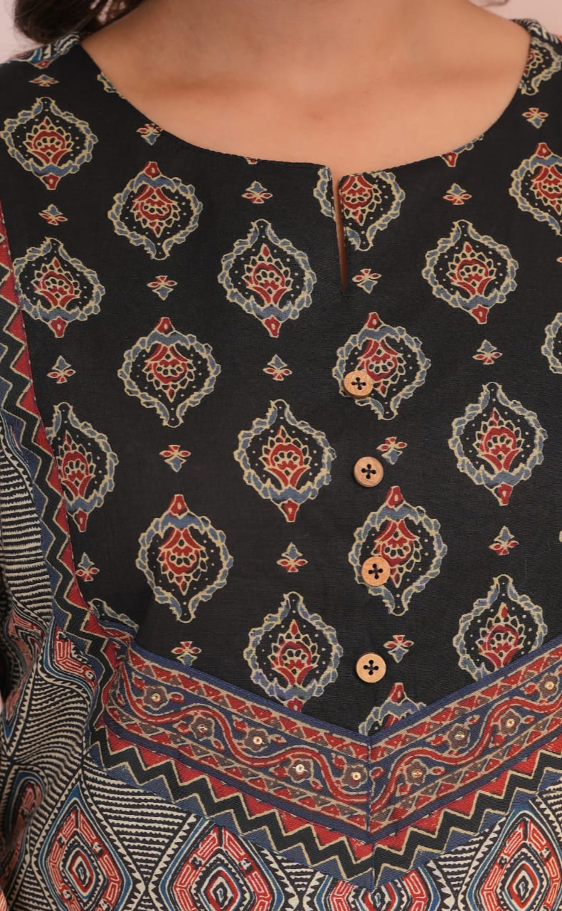 Black Ajrakh Print Cotton Kurti With Palazzo set . Pure Versatile Cotton. | Laces and Frills